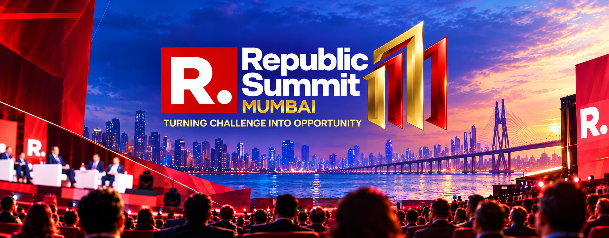 Republic Summit Mumbai stage with the Great Power India screen and audience